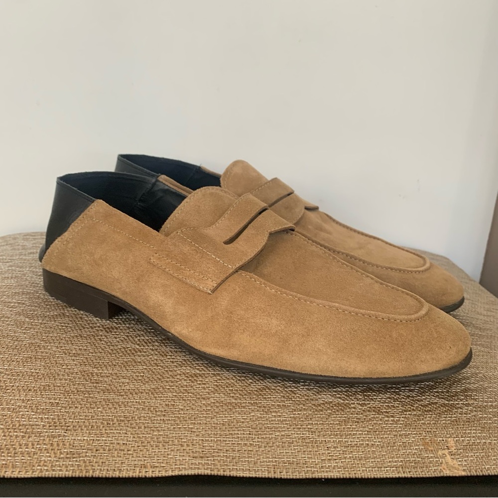Zara Tan Suede Loafers with Black Heel Panel